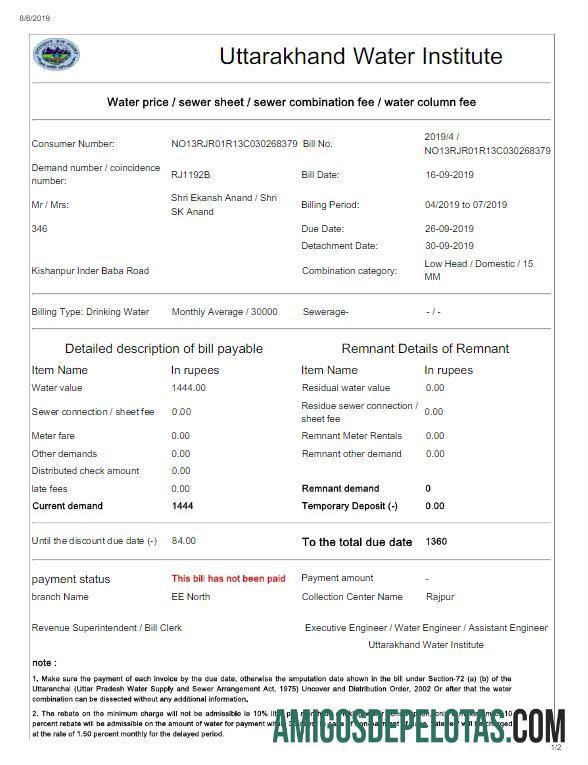 Em branco ÍNDIA UTTARAKHAND ÁGUA Conta De Serviços Públicos Word E Modelo PDF